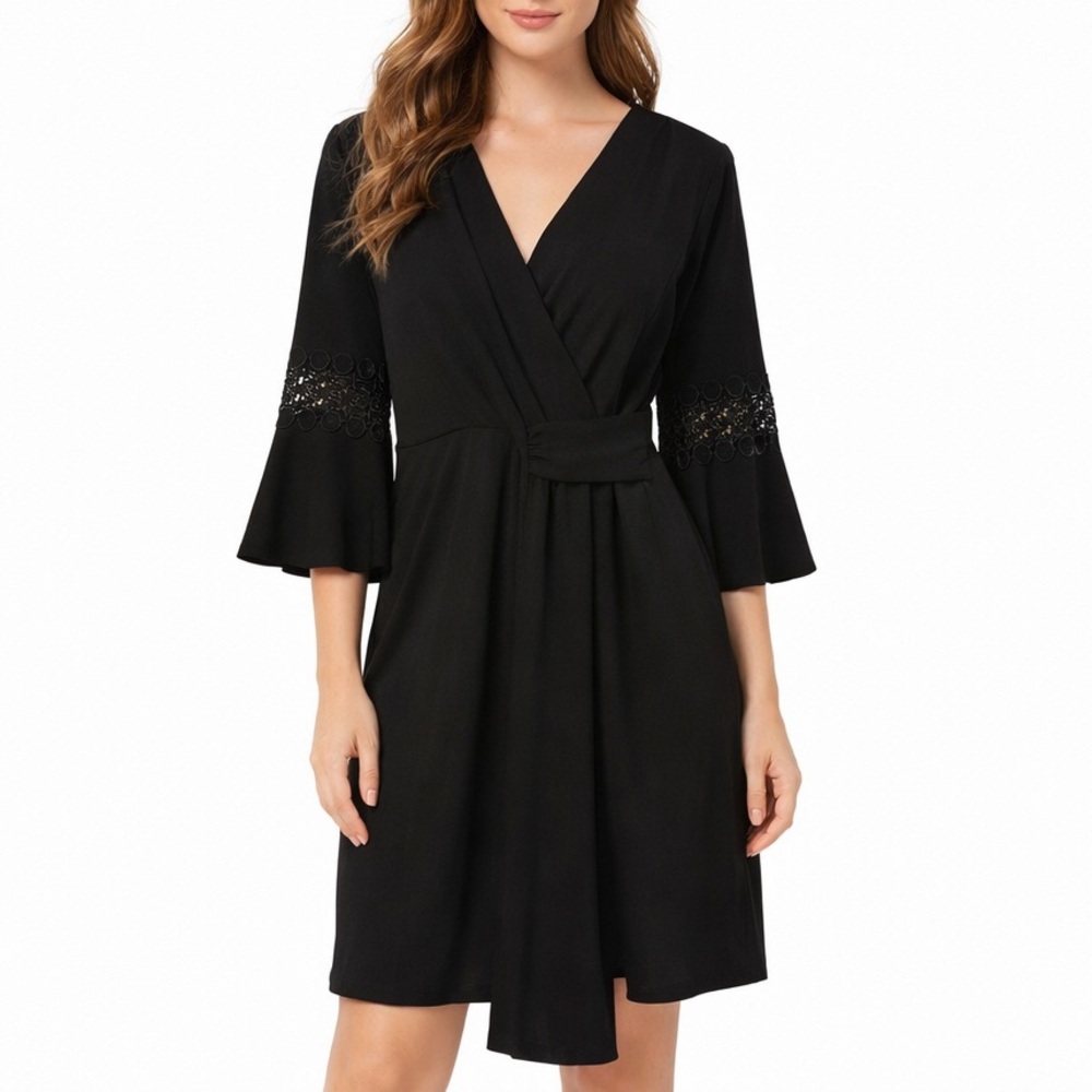 Gorgeous Black Boho Bell Sleeve Swing Dress w/ Surplice Neckline